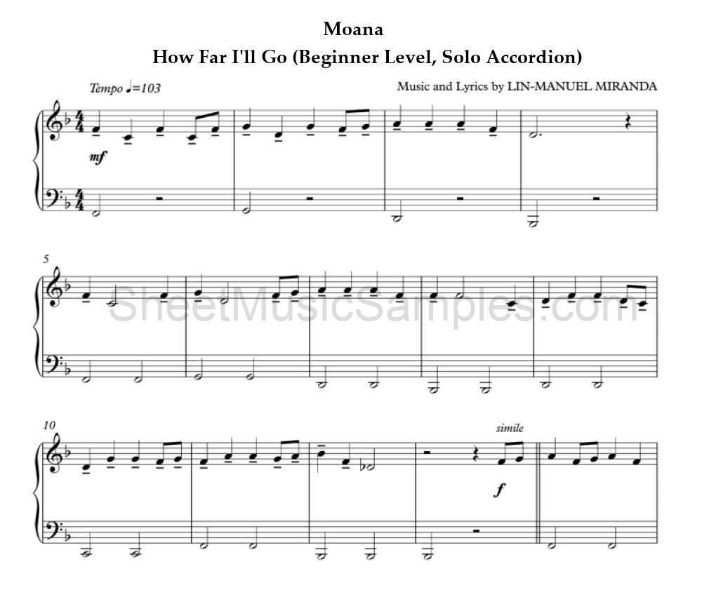 Moana - How Far I'll Go (Beginner Level, Solo Accordion)