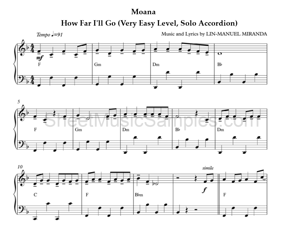 Moana - How Far I'll Go (Very Easy Level, Solo Accordion)