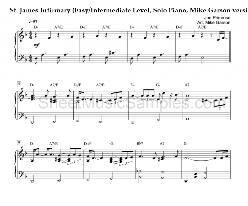 St. James Infirmary (Easy/Intermediate Level, Solo Piano, Mike Garson version)