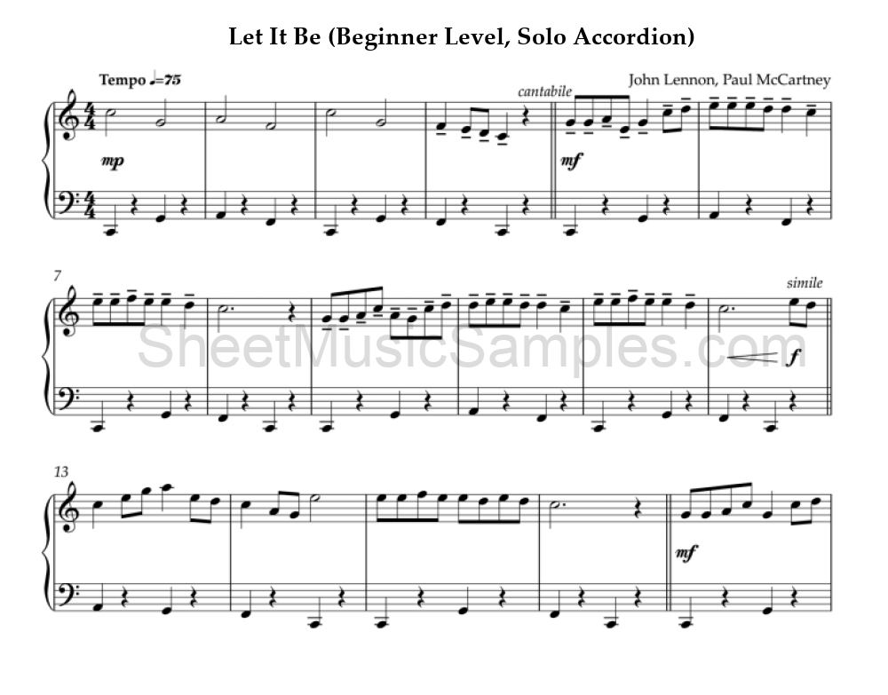 Let It Be (Beginner Level, Solo Accordion)