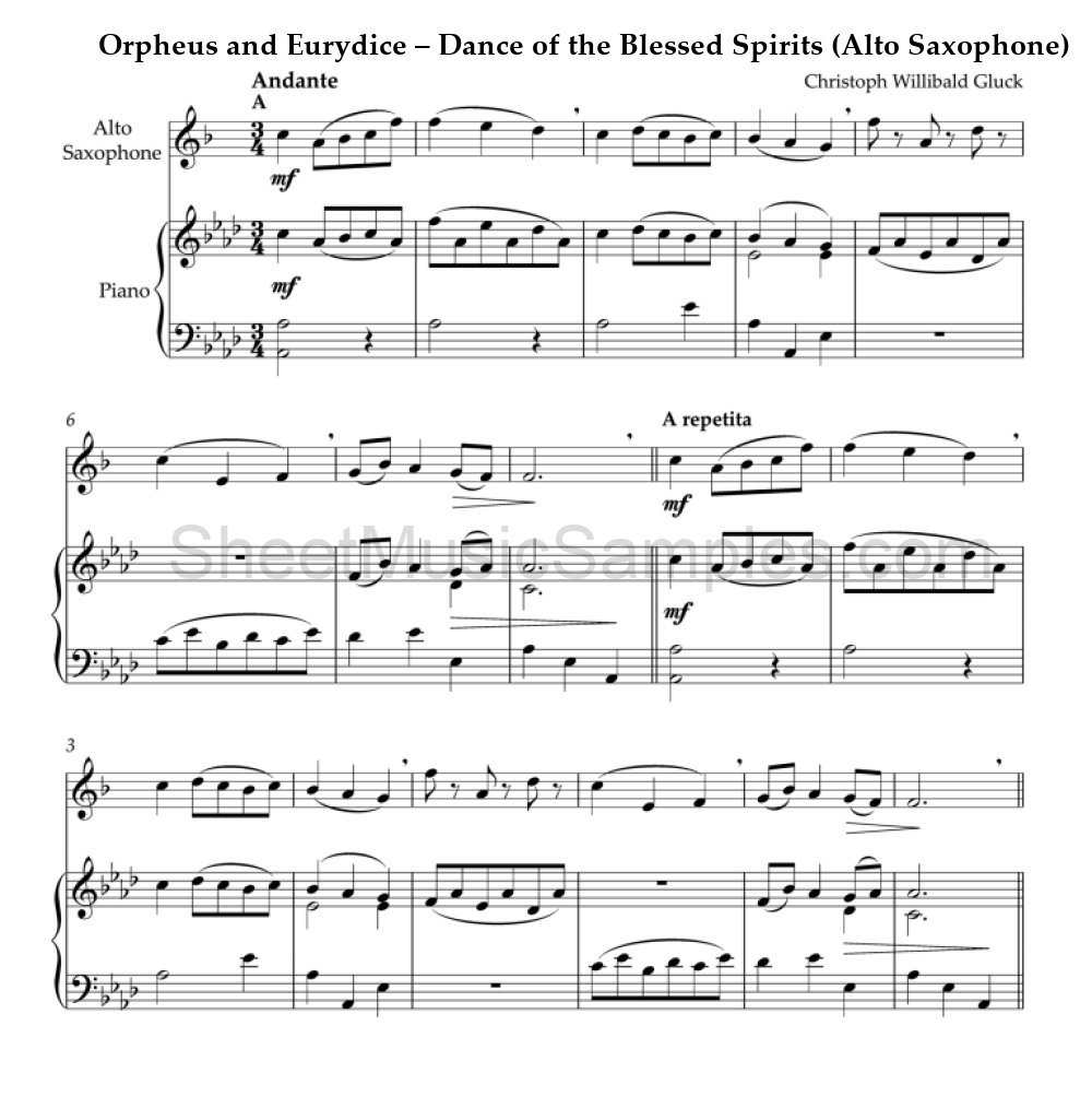 Orpheus and Eurydice – Dance of the Blessed Spirits (Alto Saxophone)