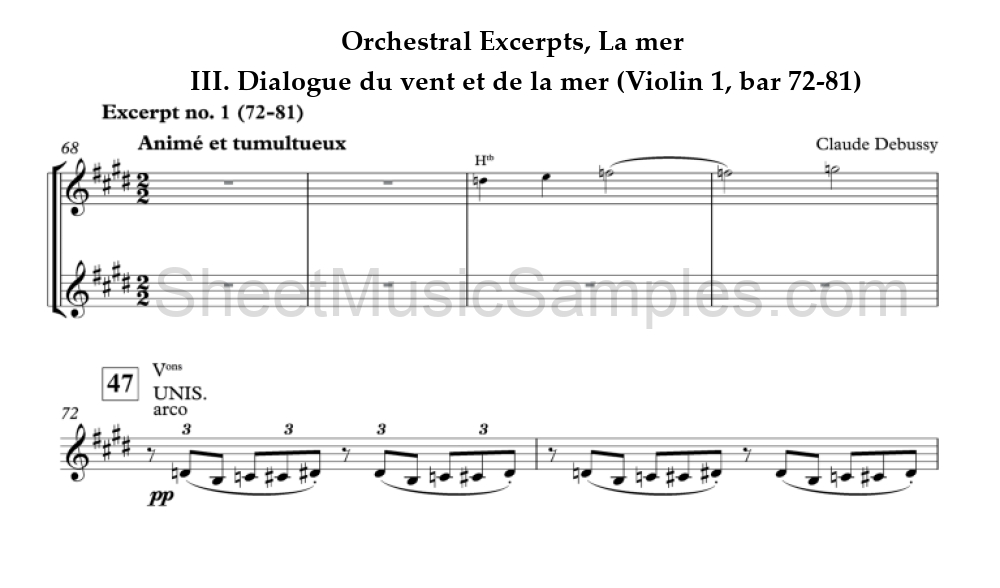 Orchestral Excerpts, La mer - III. Dialogue du vent et de la mer (Violin 1, bar 72-81)