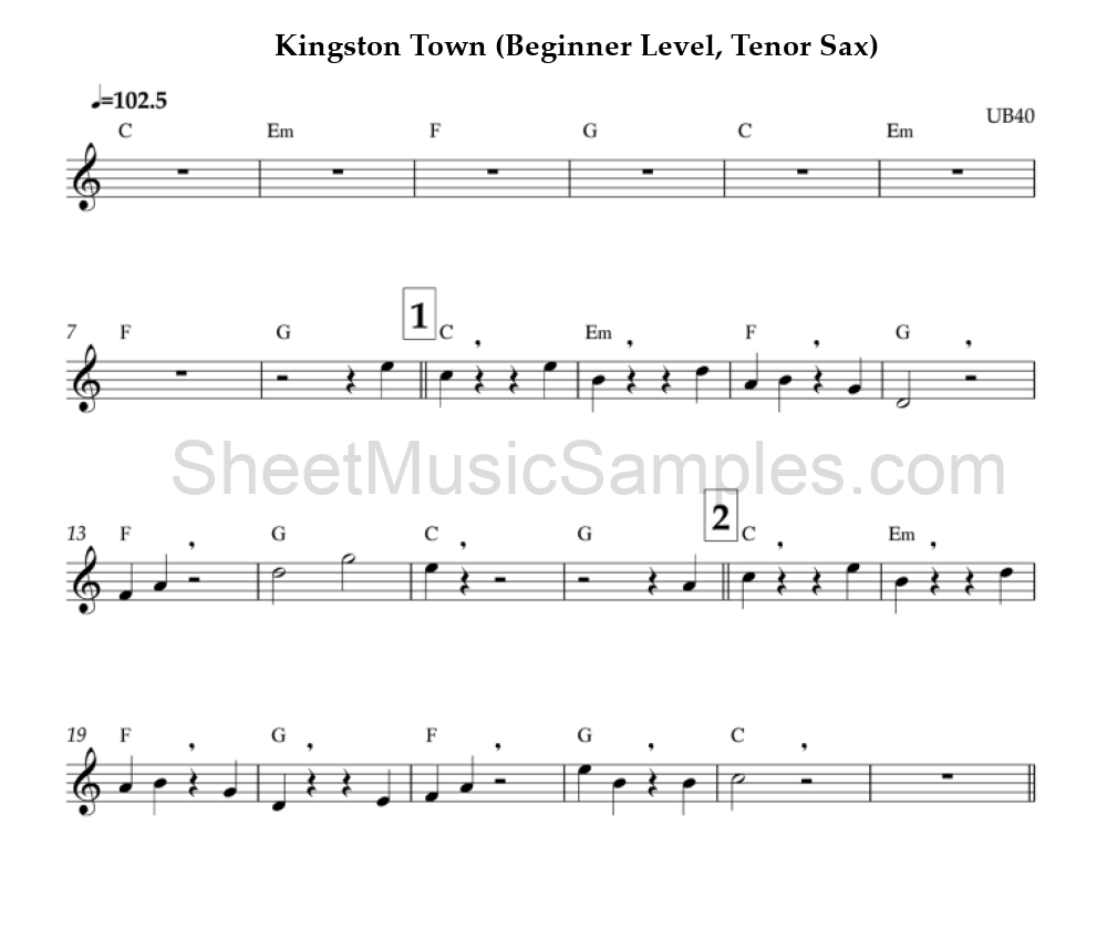 Kingston Town (Beginner Level, Tenor Sax)