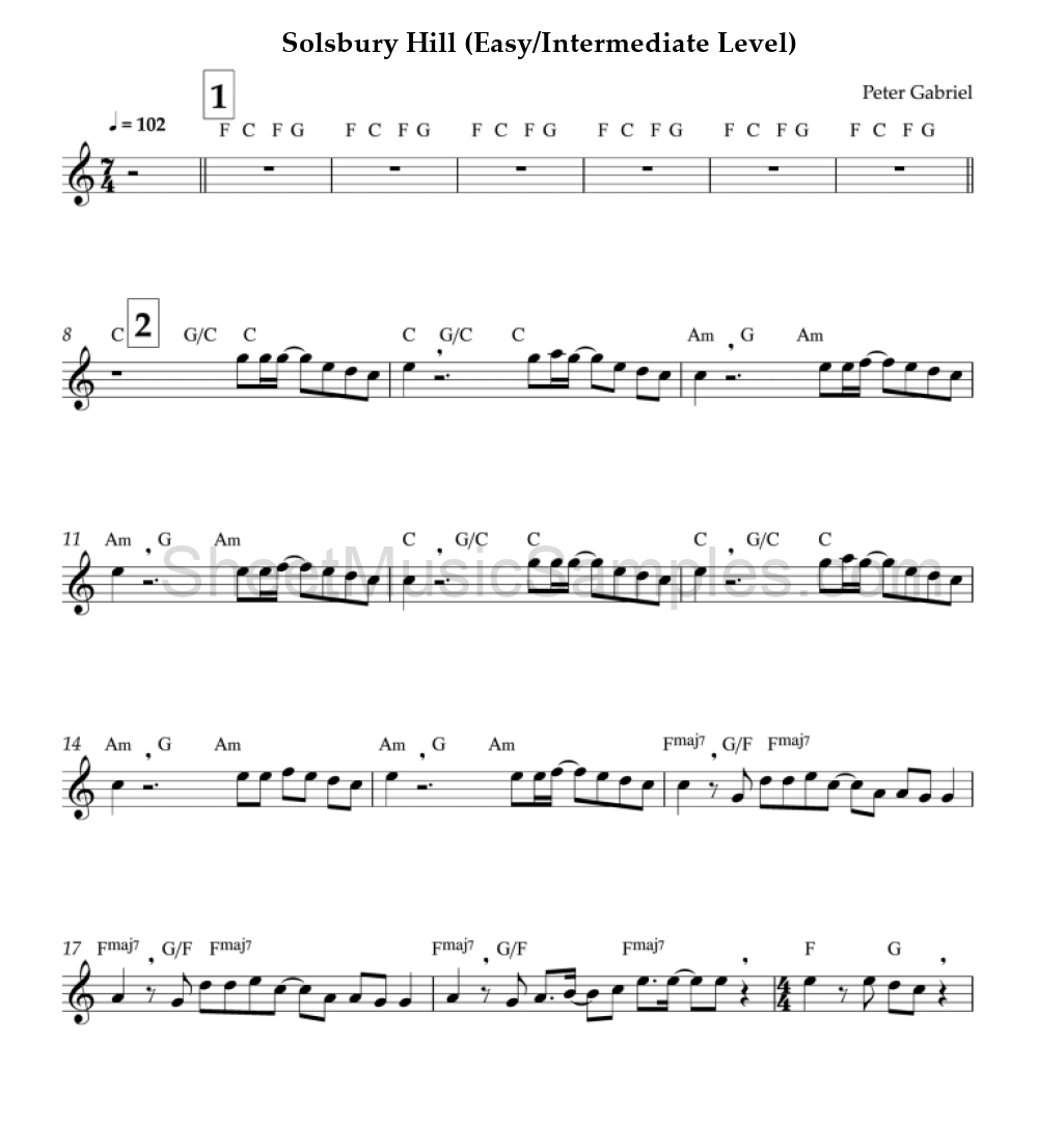 Solsbury Hill (Easy/Intermediate Level)