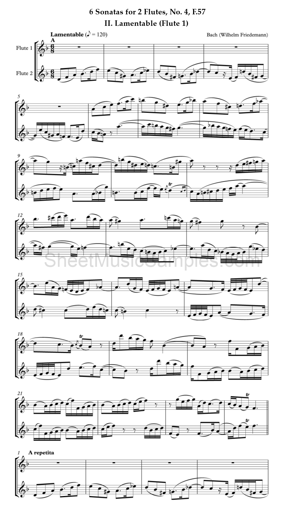 6 Sonatas for 2 Flutes, No. 4, F.57 - II. Lamentable (Flute 1)