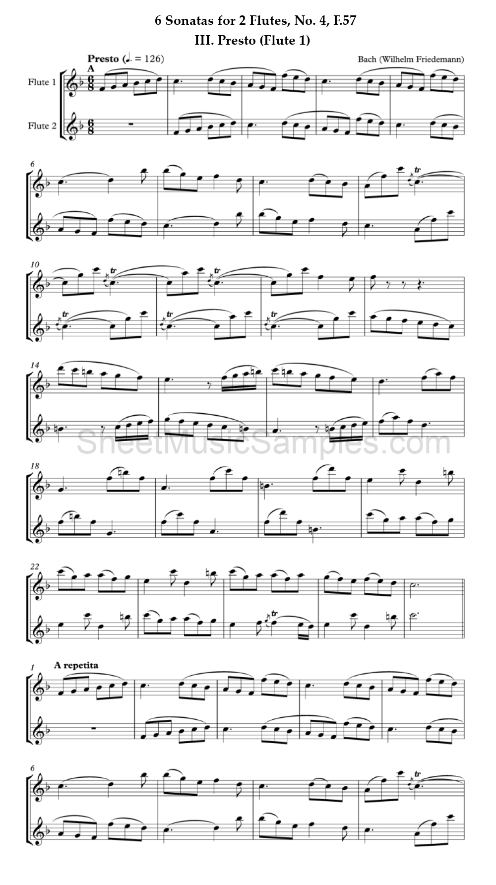 6 Sonatas for 2 Flutes, No. 4, F.57 - III. Presto (Flute 1)