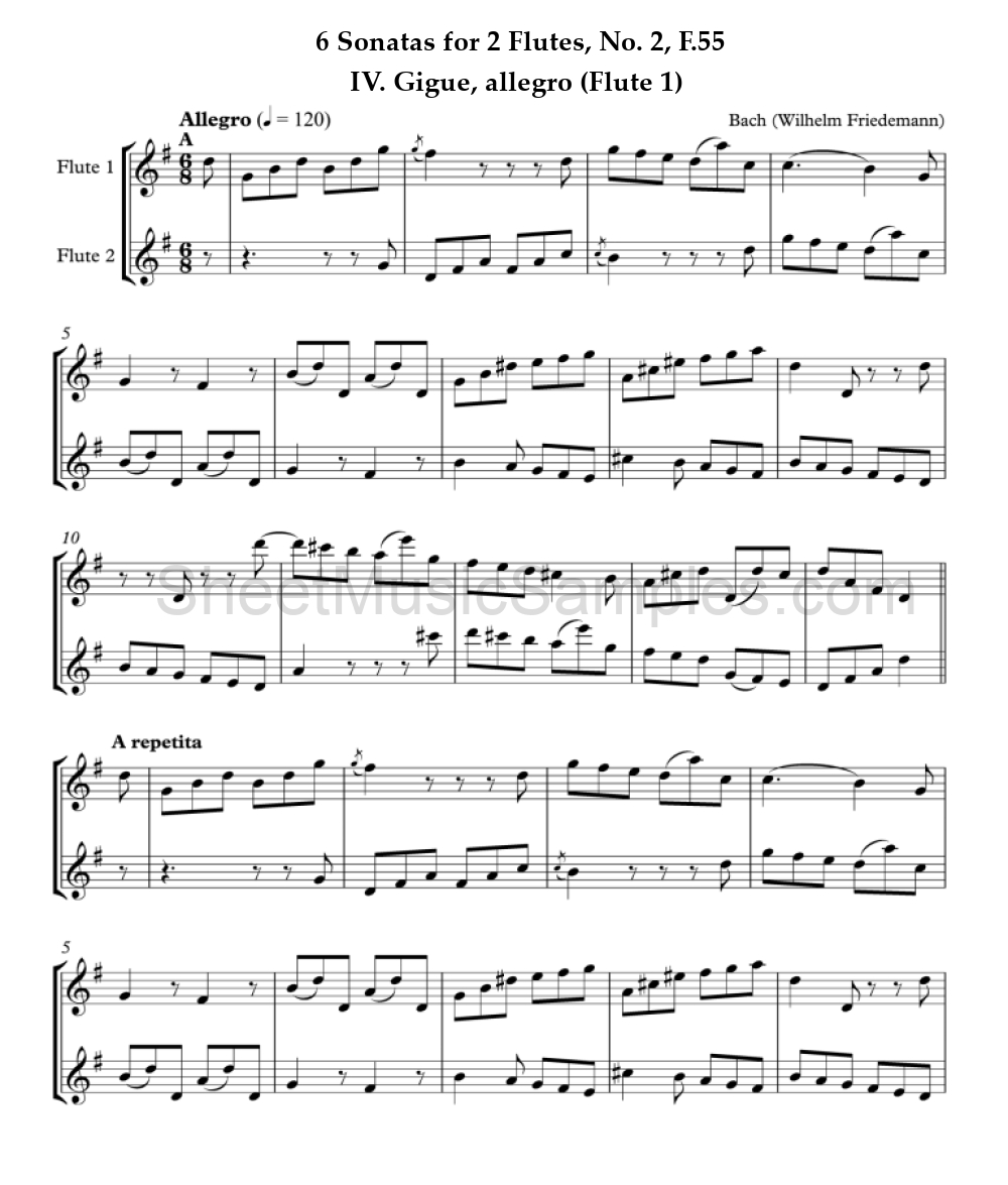 6 Sonatas for 2 Flutes, No. 2, F.55 - IV. Gigue, allegro (Flute 1)