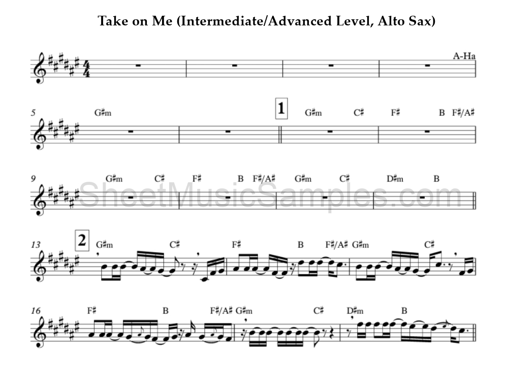 Take on Me (Intermediate/Advanced Level, Alto Sax)