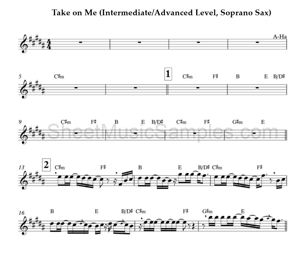 Take on Me (Intermediate/Advanced Level, Soprano Sax)