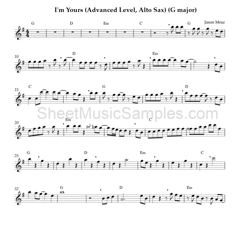 I'm Yours (Advanced Level, Alto Sax) (G major)