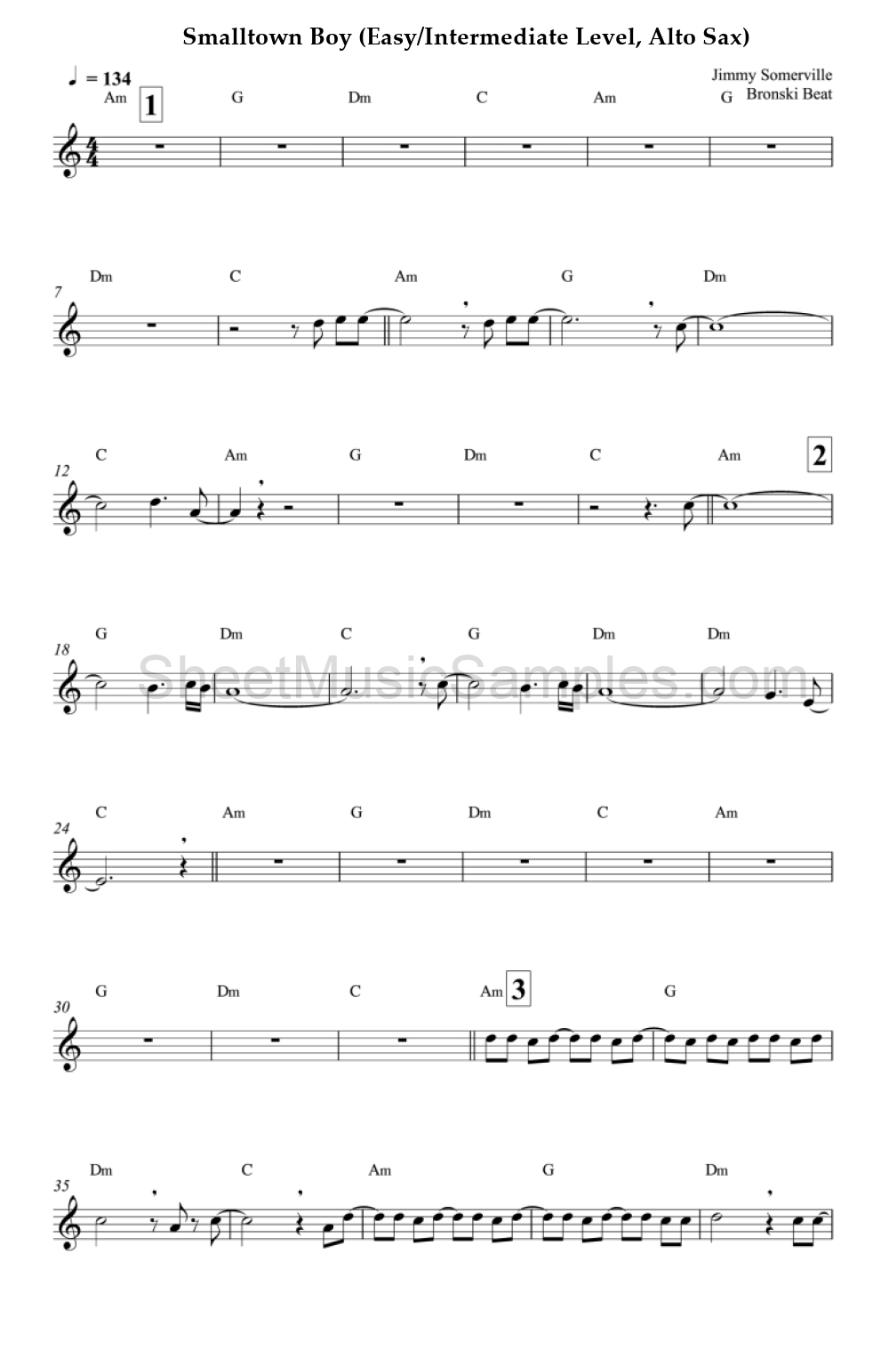 Smalltown Boy (Easy/Intermediate Level, Alto Sax)