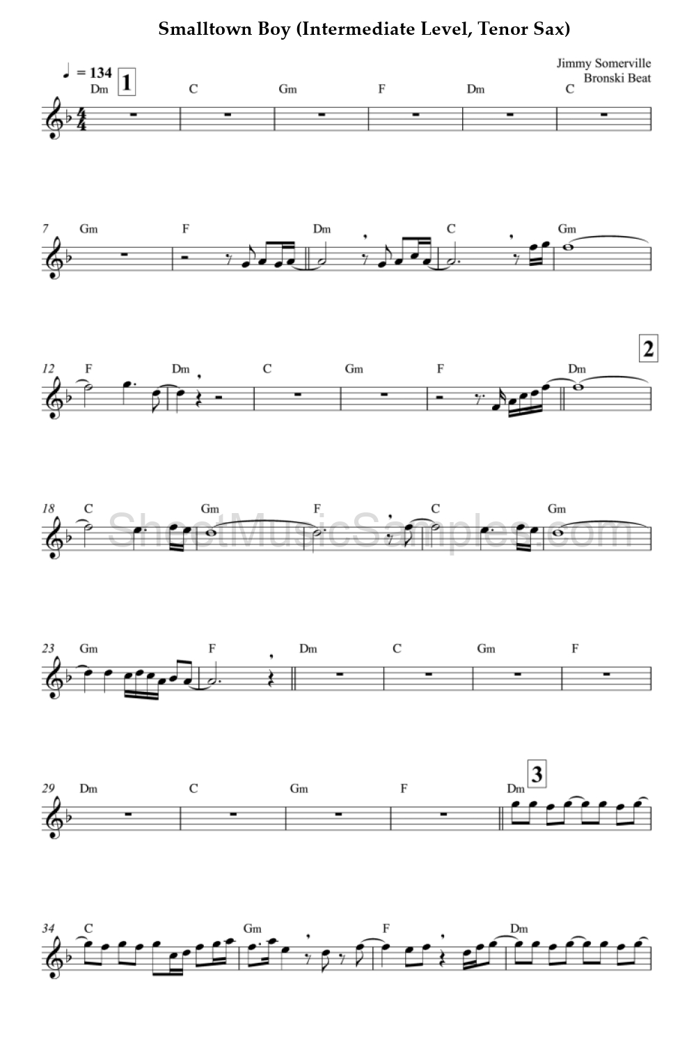 Smalltown Boy (Intermediate Level, Tenor Sax)