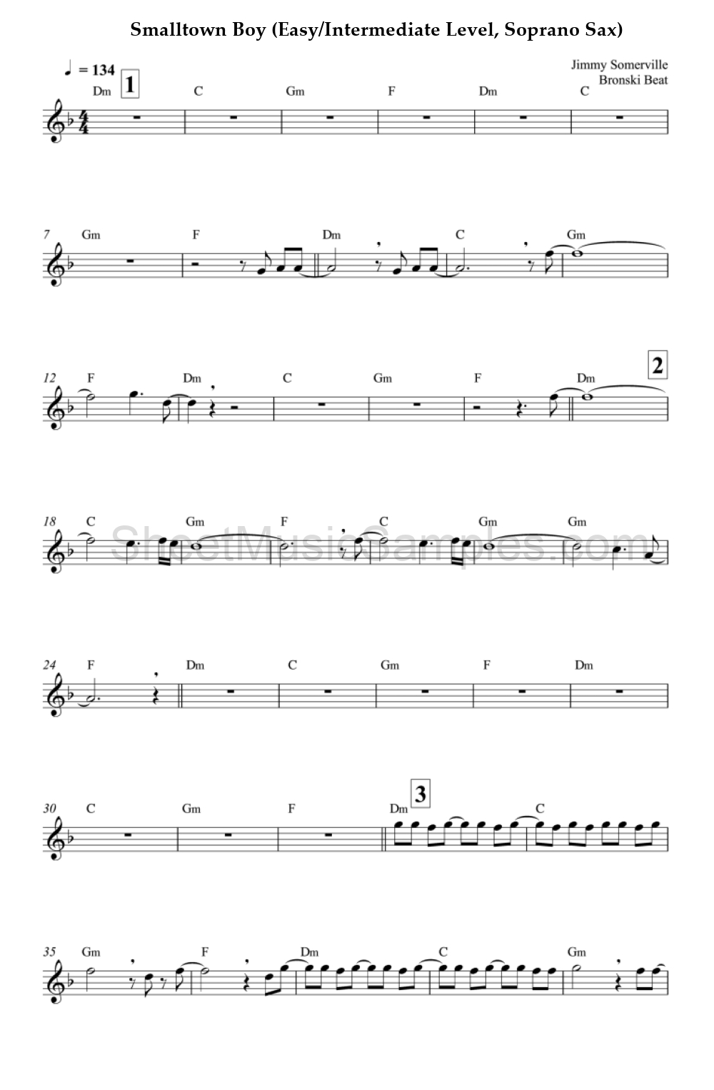 Smalltown Boy (Easy/Intermediate Level, Soprano Sax)