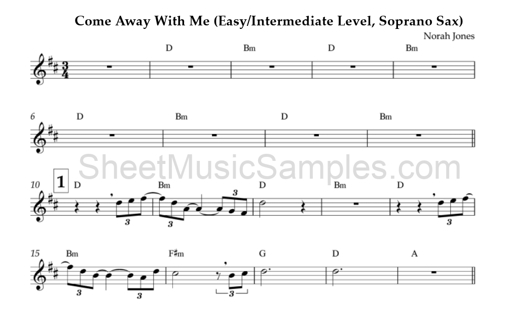 Come Away With Me (Easy/Intermediate Level, Soprano Sax)