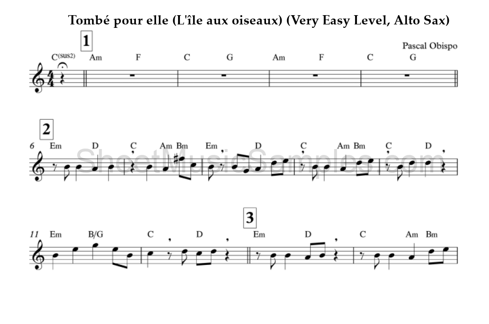 Tombé pour elle (L'île aux oiseaux) (Very Easy Level, Alto Sax)