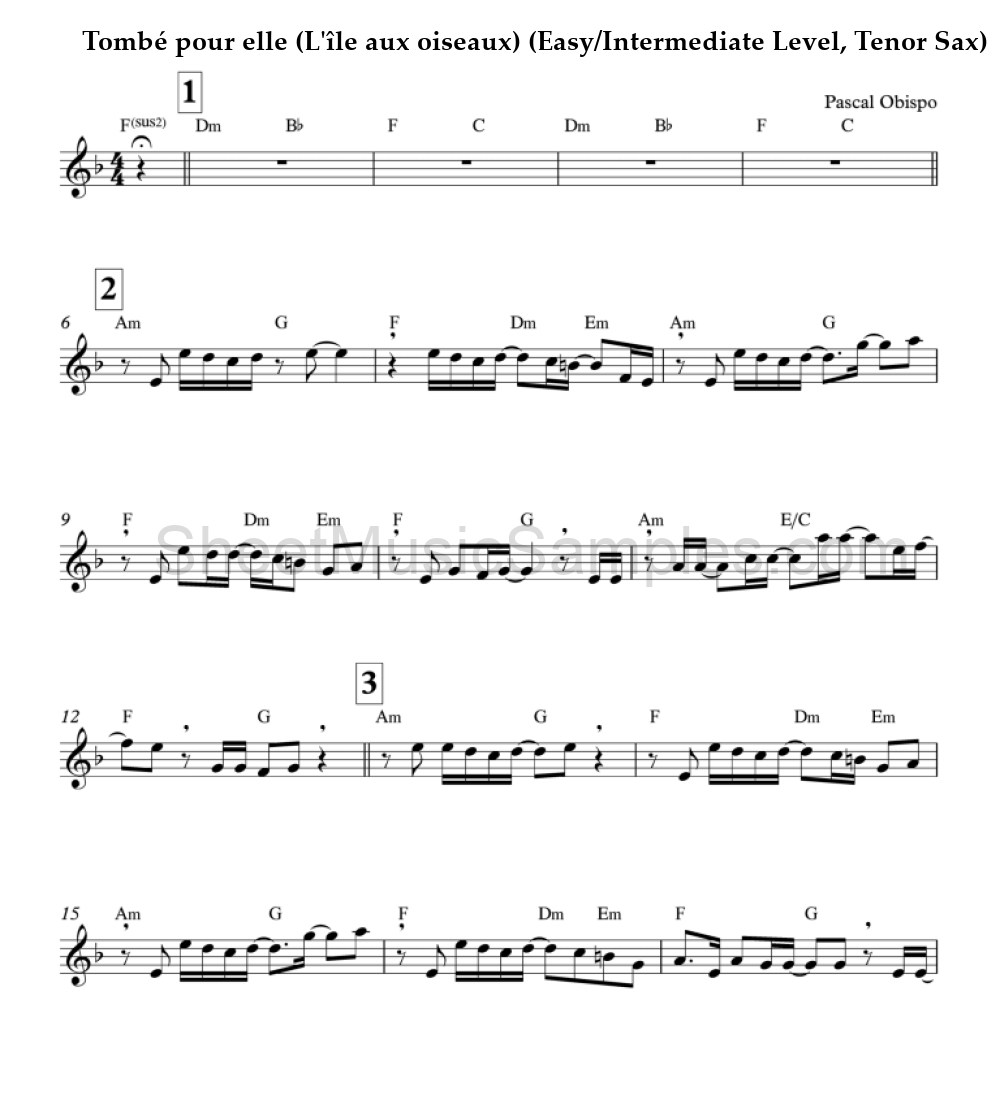 Tombé pour elle (L'île aux oiseaux) (Easy/Intermediate Level, Tenor Sax)