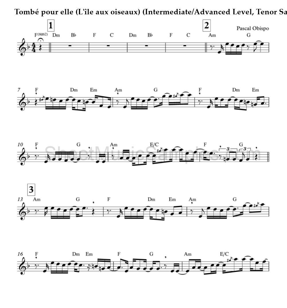 Tombé pour elle (L'île aux oiseaux) (Intermediate/Advanced Level, Tenor Sax)