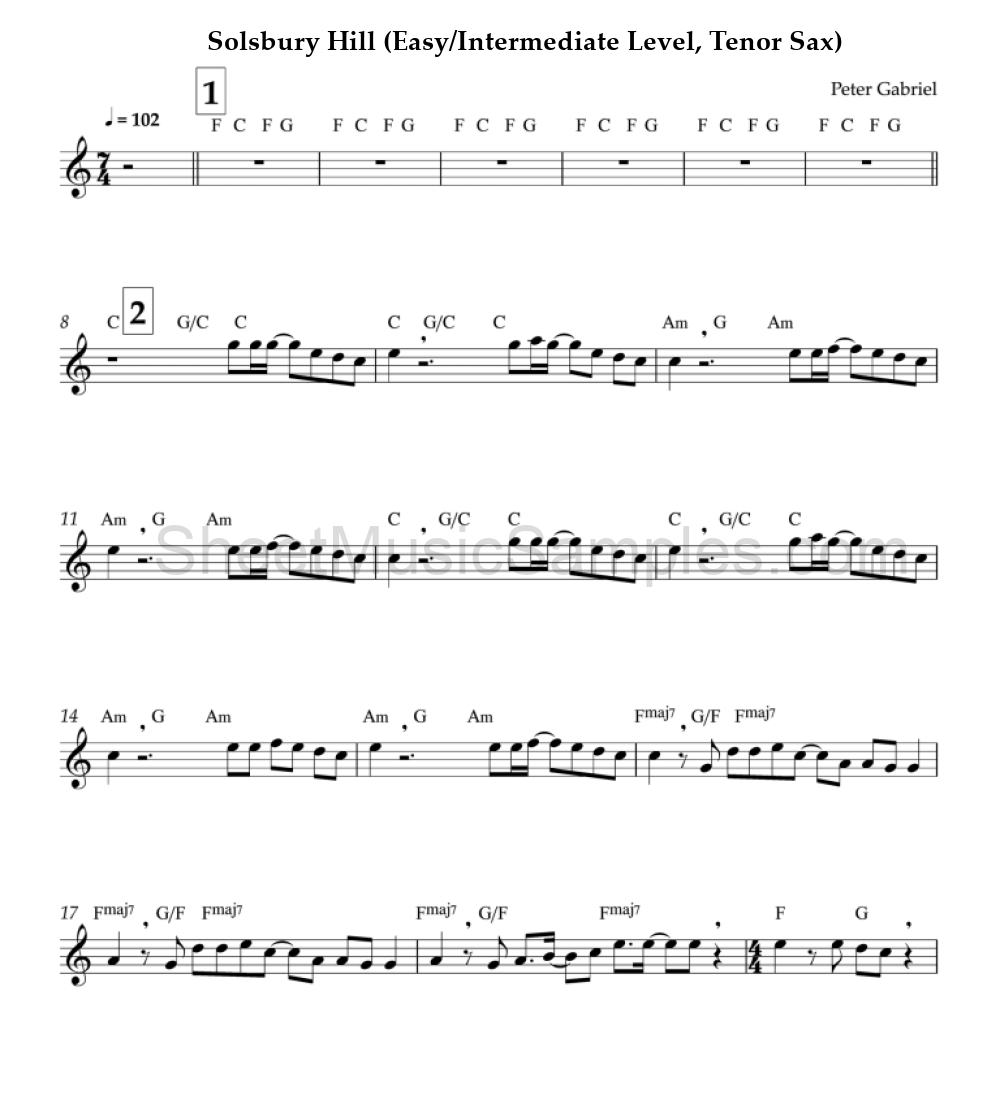 Solsbury Hill (Easy/Intermediate Level, Tenor Sax)