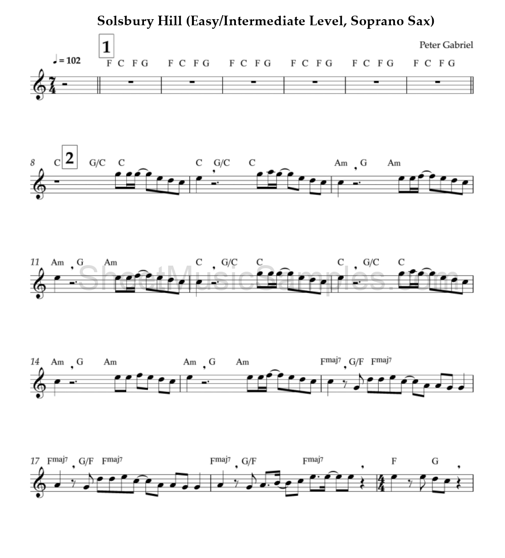 Solsbury Hill (Easy/Intermediate Level, Soprano Sax)