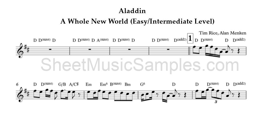 Aladdin - A Whole New World (Easy/Intermediate Level)