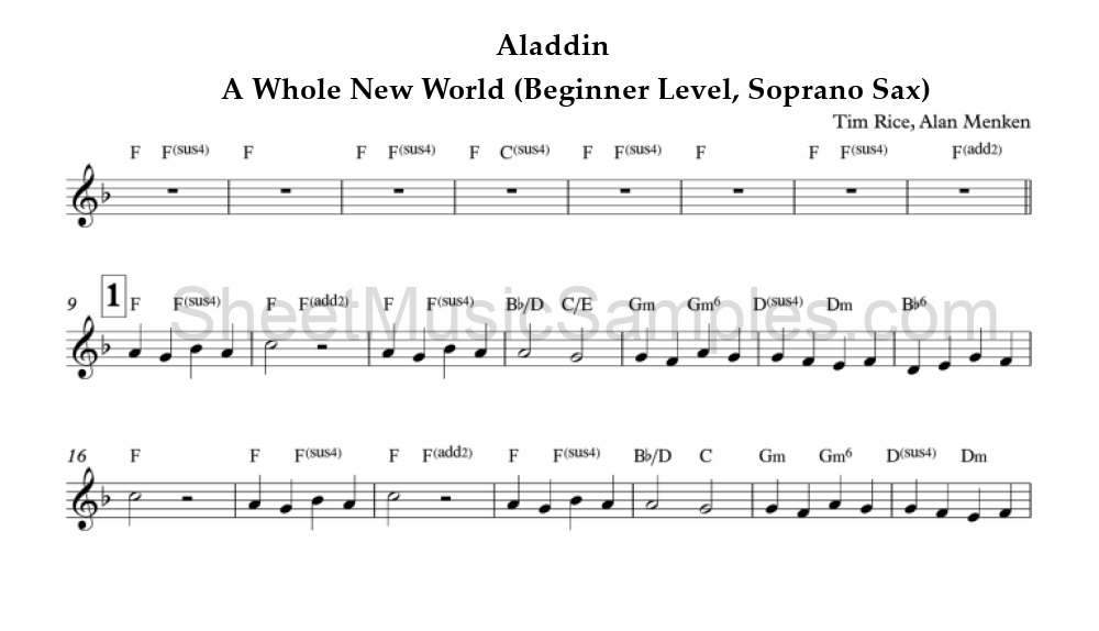 Aladdin - A Whole New World (Beginner Level, Soprano Sax)