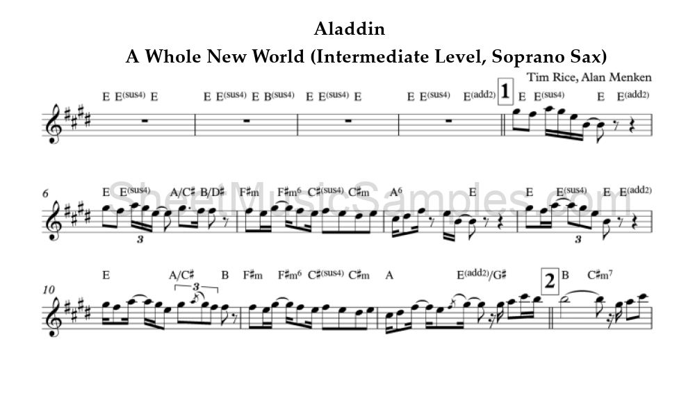 Aladdin - A Whole New World (Intermediate Level, Soprano Sax)