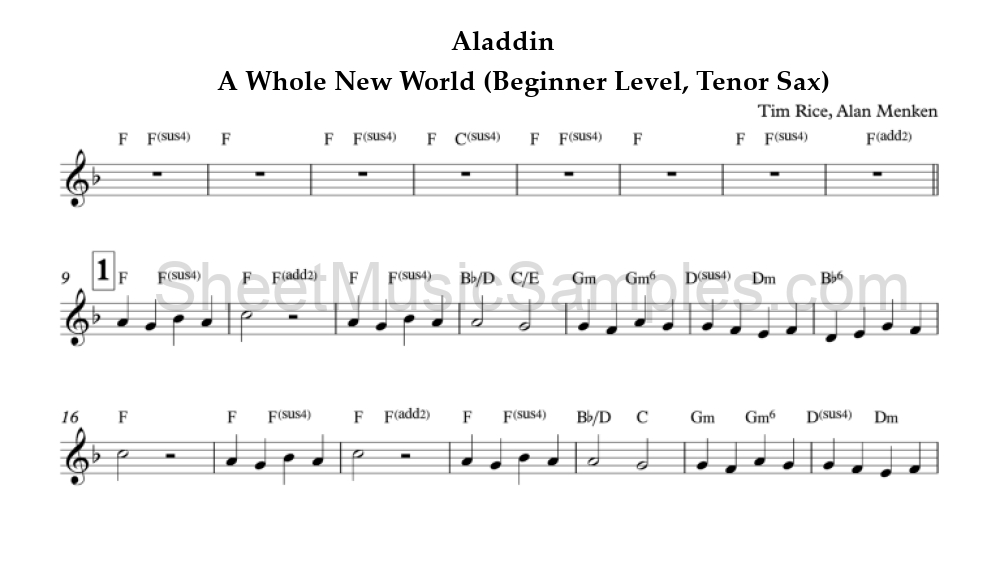 Aladdin - A Whole New World (Beginner Level, Tenor Sax)