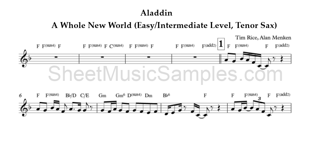 Aladdin - A Whole New World (Easy/Intermediate Level, Tenor Sax)