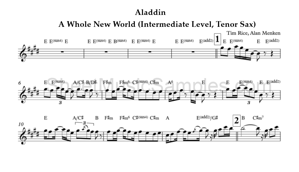 Aladdin - A Whole New World (Intermediate Level, Tenor Sax)