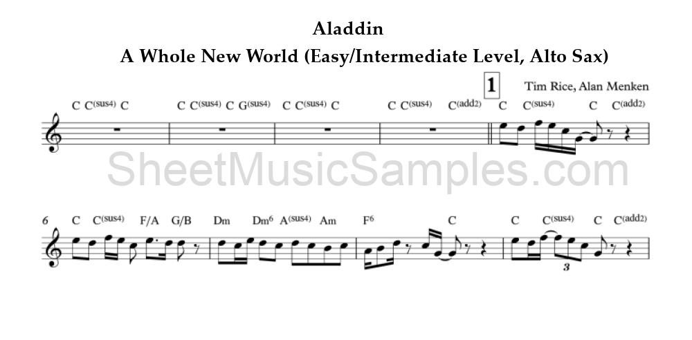 Aladdin - A Whole New World (Easy/Intermediate Level, Alto Sax)