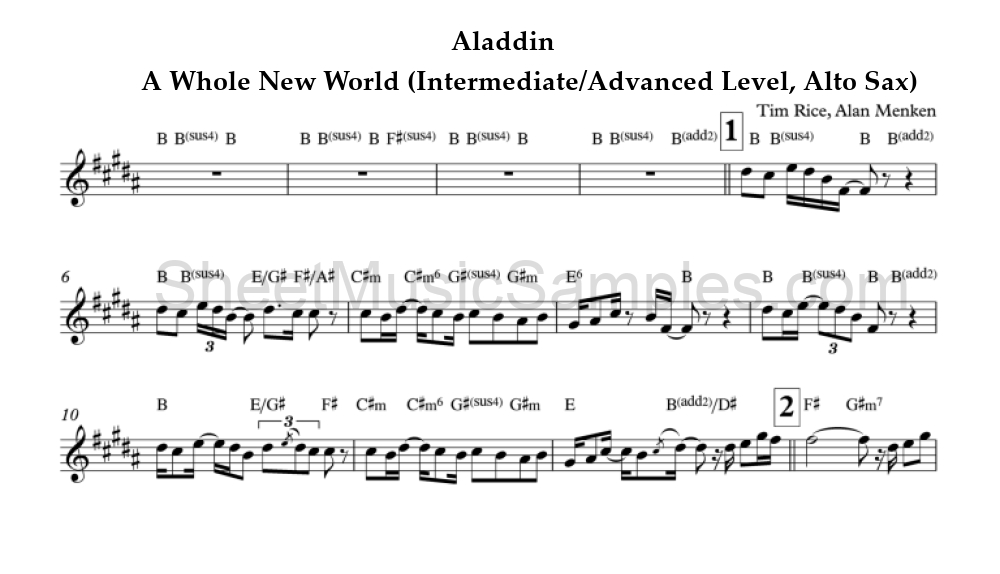 Aladdin - A Whole New World (Intermediate/Advanced Level, Alto Sax)