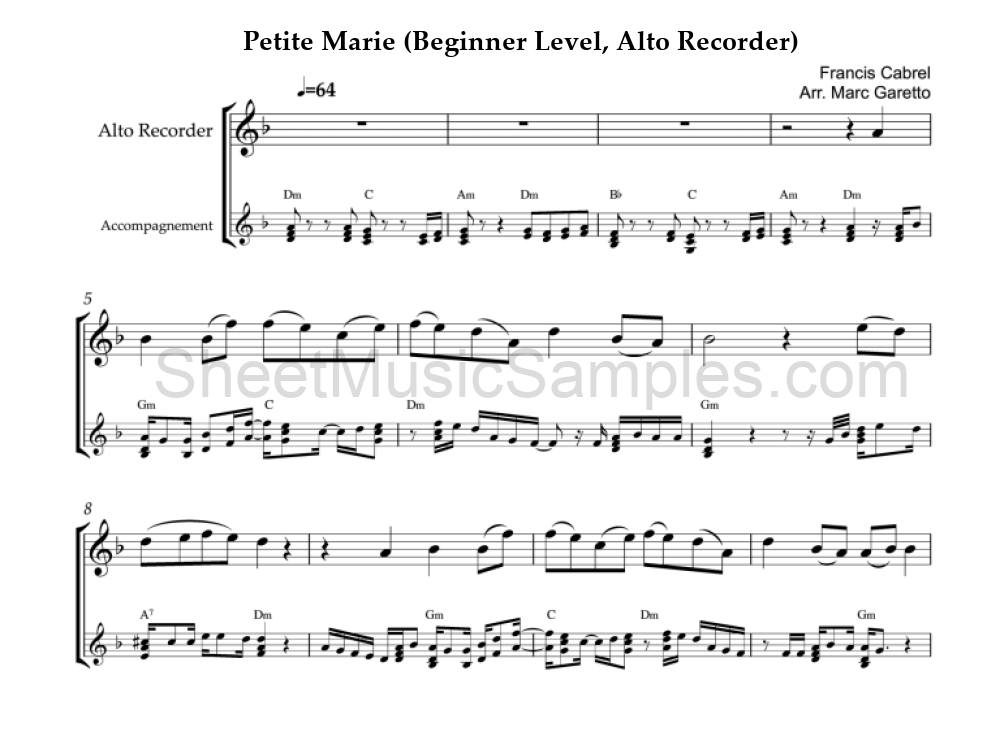 Petite Marie (Beginner Level, Alto Recorder)