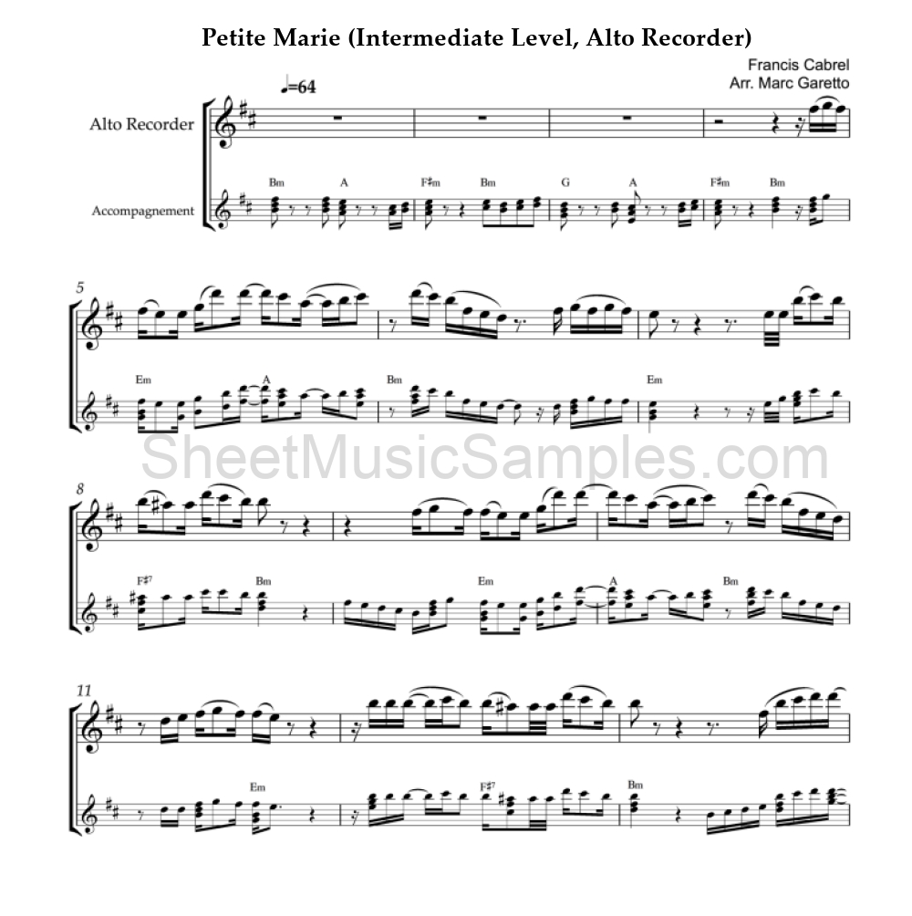 Petite Marie (Intermediate Level, Alto Recorder)