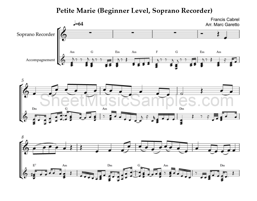 Petite Marie (Beginner Level, Soprano Recorder)