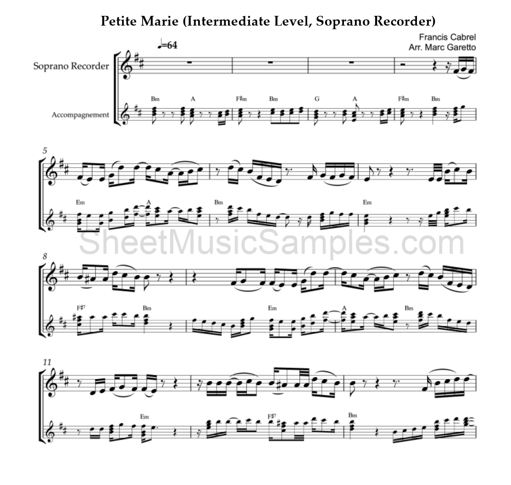 Petite Marie (Intermediate Level, Soprano Recorder)