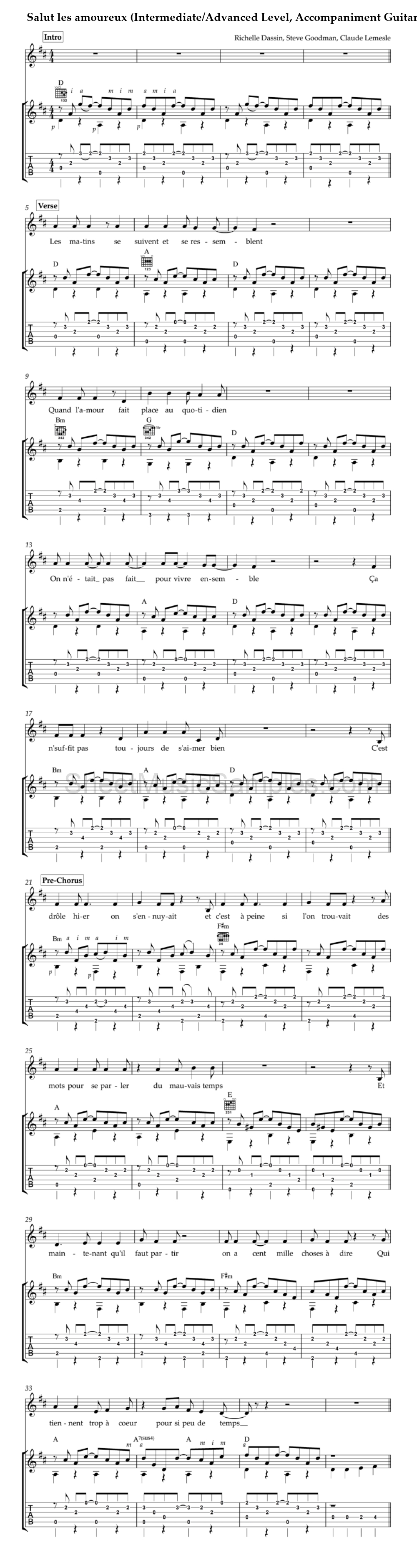 Salut les amoureux (Intermediate/Advanced Level, Accompaniment Guitar)