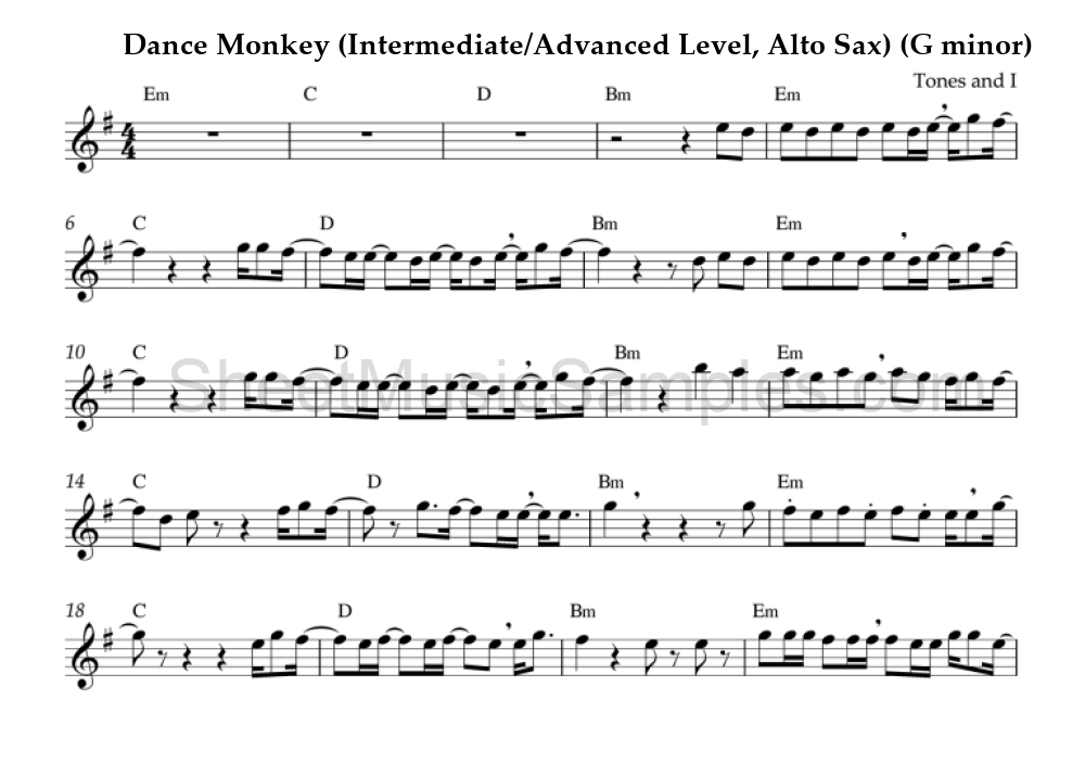 Dance Monkey (Intermediate/Advanced Level, Alto Sax) (G minor)