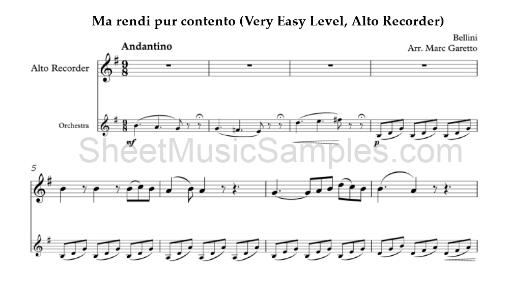 Ma rendi pur contento (Very Easy Level, Alto Recorder)