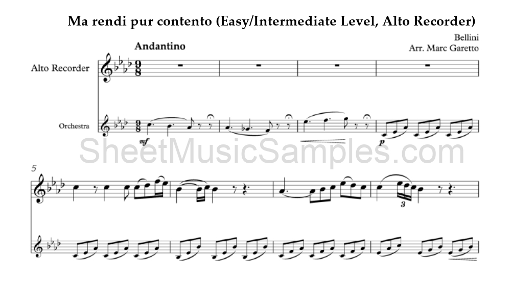 Ma rendi pur contento (Easy/Intermediate Level, Alto Recorder)