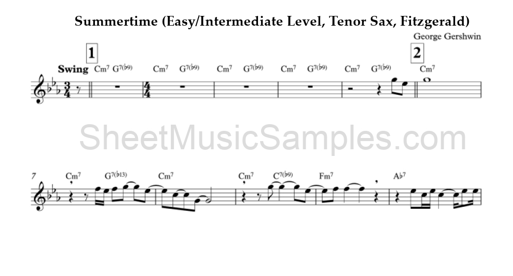 Summertime (Easy/Intermediate Level, Tenor Sax, Fitzgerald)