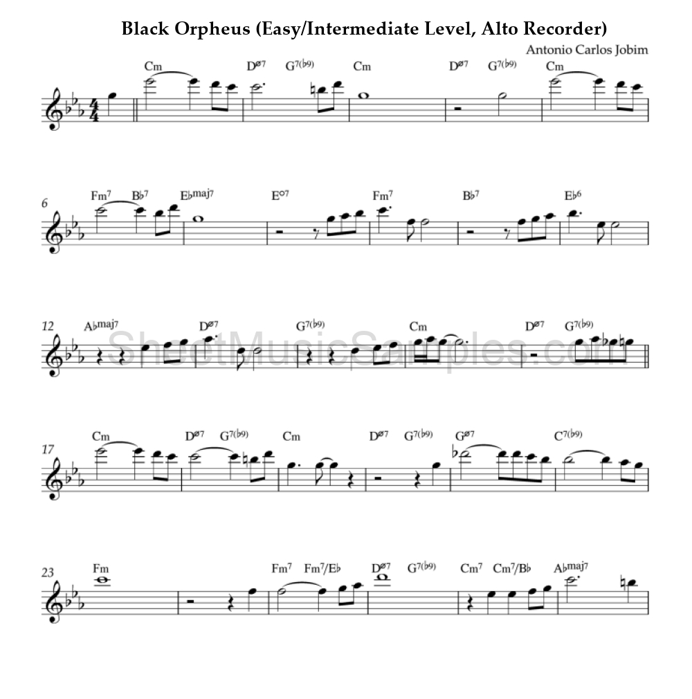 Black Orpheus (Easy/Intermediate Level, Alto Recorder)