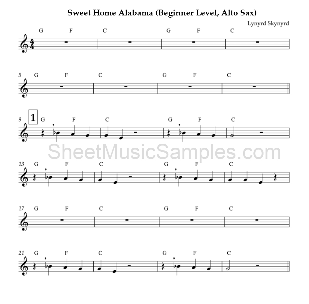 Sweet Home Alabama (Beginner Level, Alto Sax)