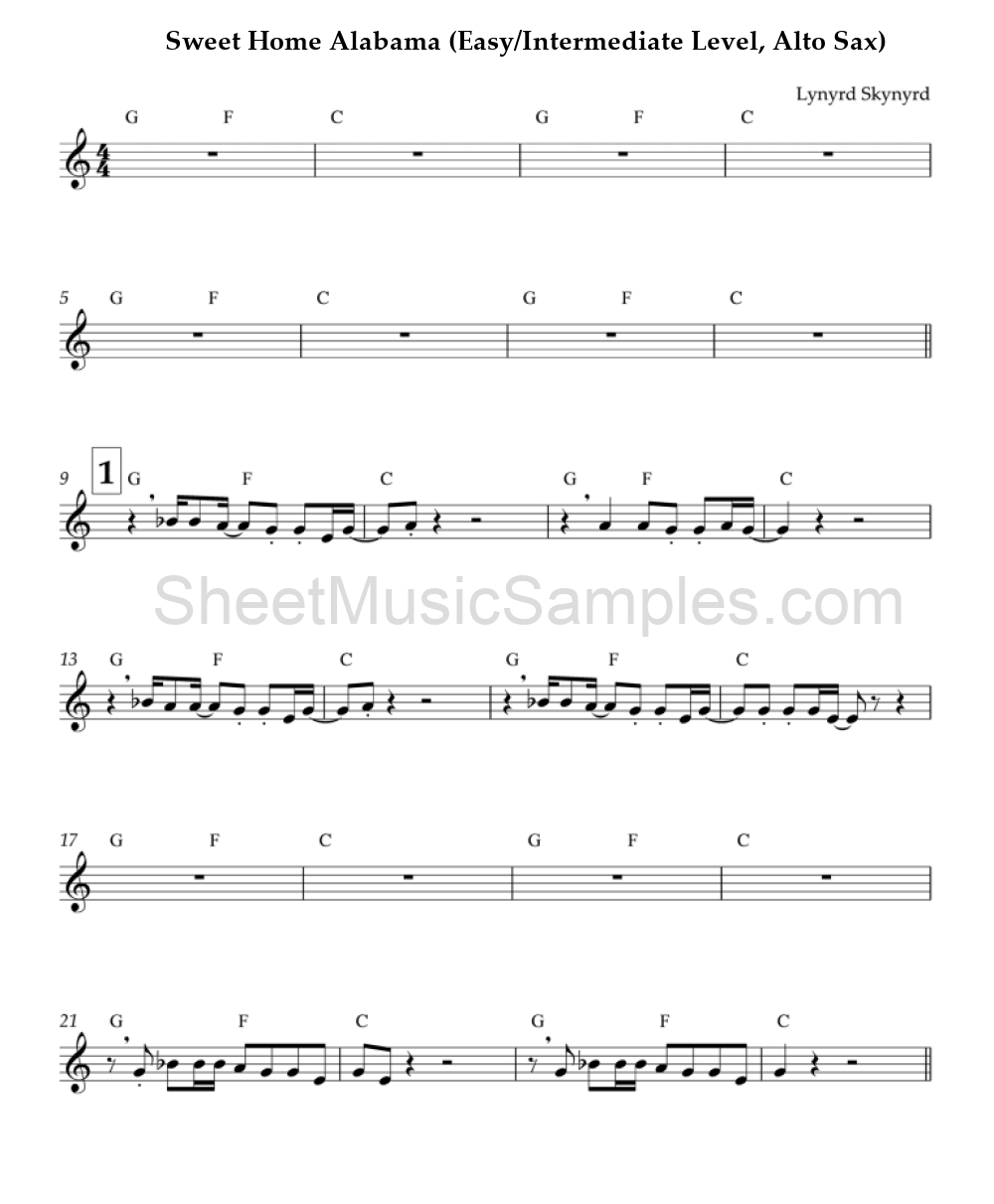 Sweet Home Alabama (Easy/Intermediate Level, Alto Sax)