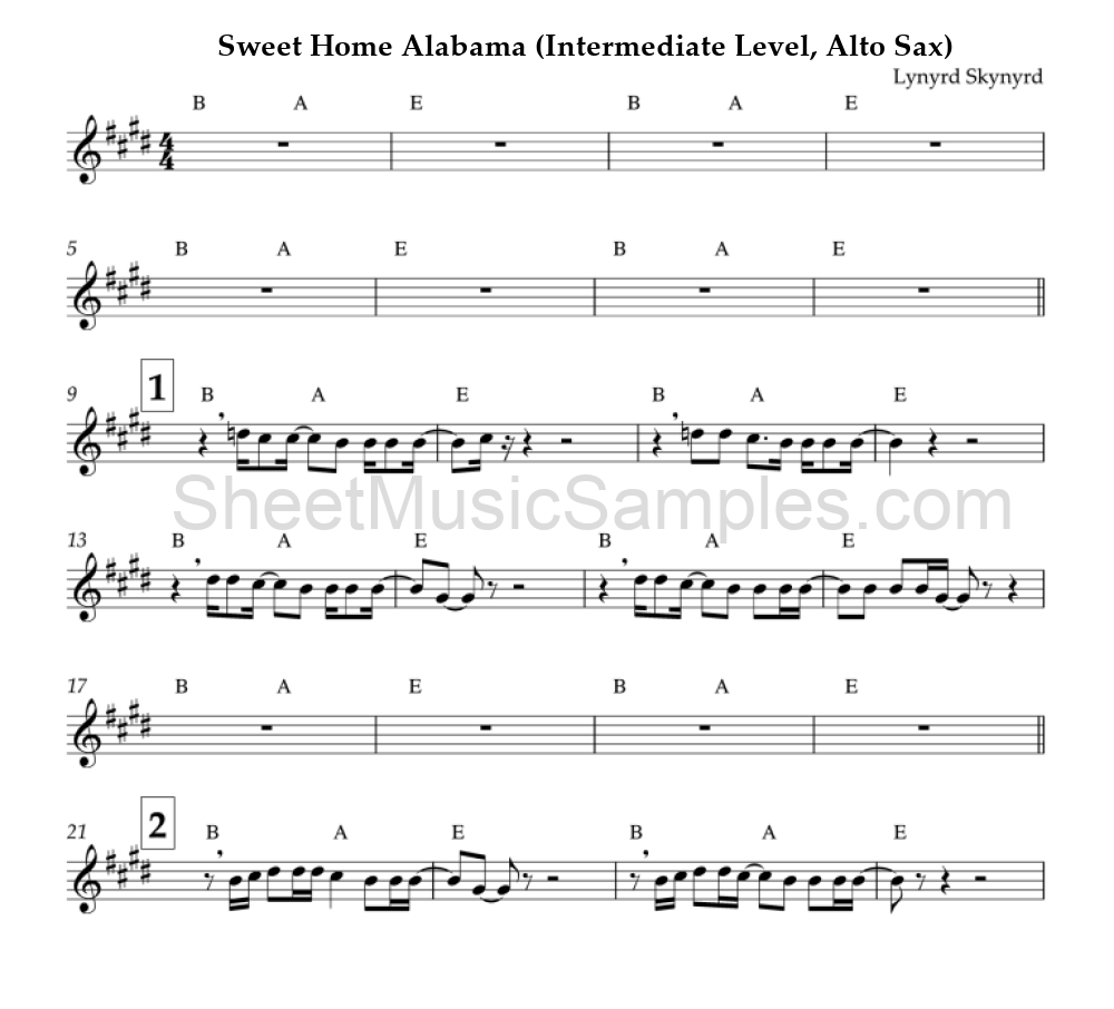 Sweet Home Alabama (Intermediate Level, Alto Sax)