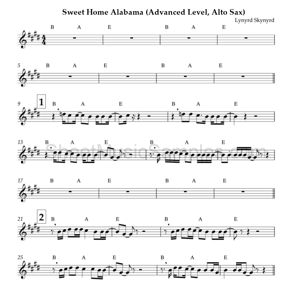 Sweet Home Alabama (Advanced Level, Alto Sax)