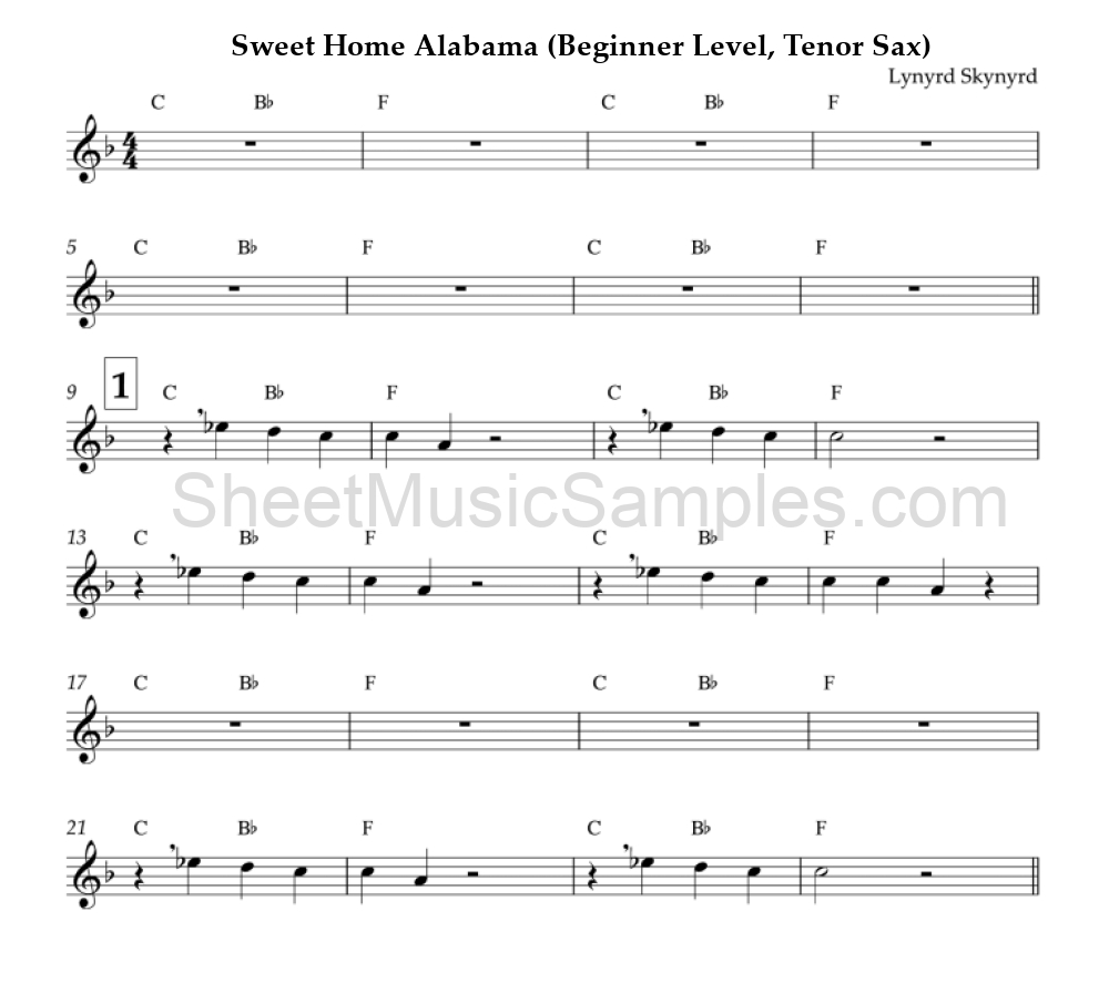 Sweet Home Alabama (Beginner Level, Tenor Sax)