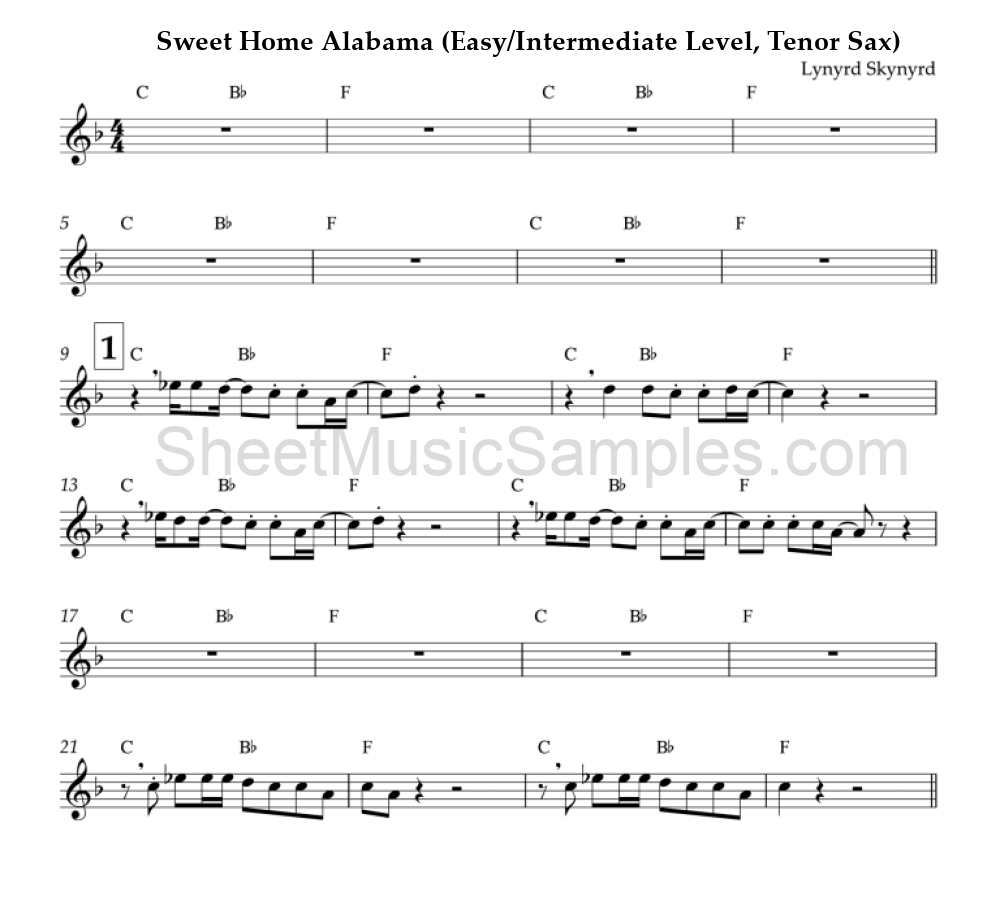 Sweet Home Alabama (Easy/Intermediate Level, Tenor Sax)