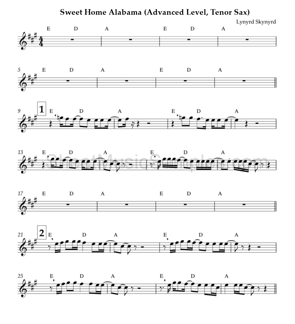 Sweet Home Alabama (Advanced Level, Tenor Sax)