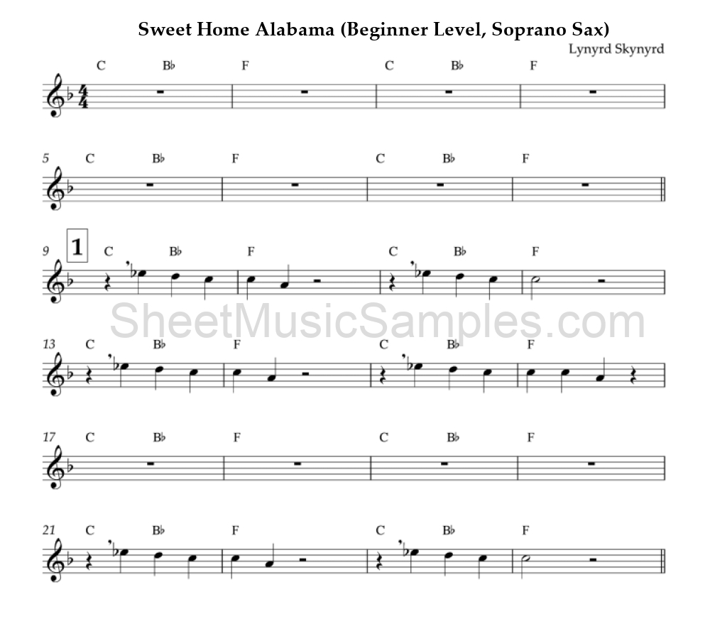 Sweet Home Alabama (Beginner Level, Soprano Sax)