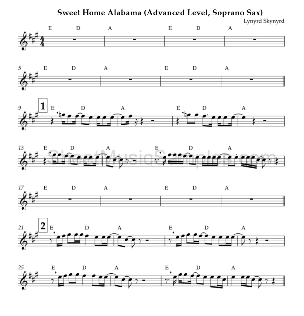 Sweet Home Alabama (Advanced Level, Soprano Sax)